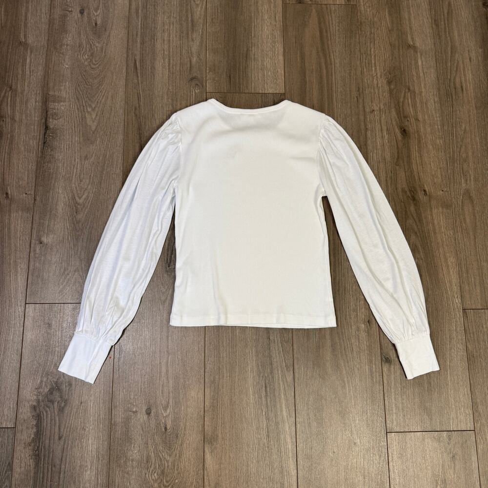 Madewell Ribbed Puff-Sleeve Top Sz S White Long Sleeve Slim Fit Pullover Cotton - Picture 6 of 8
